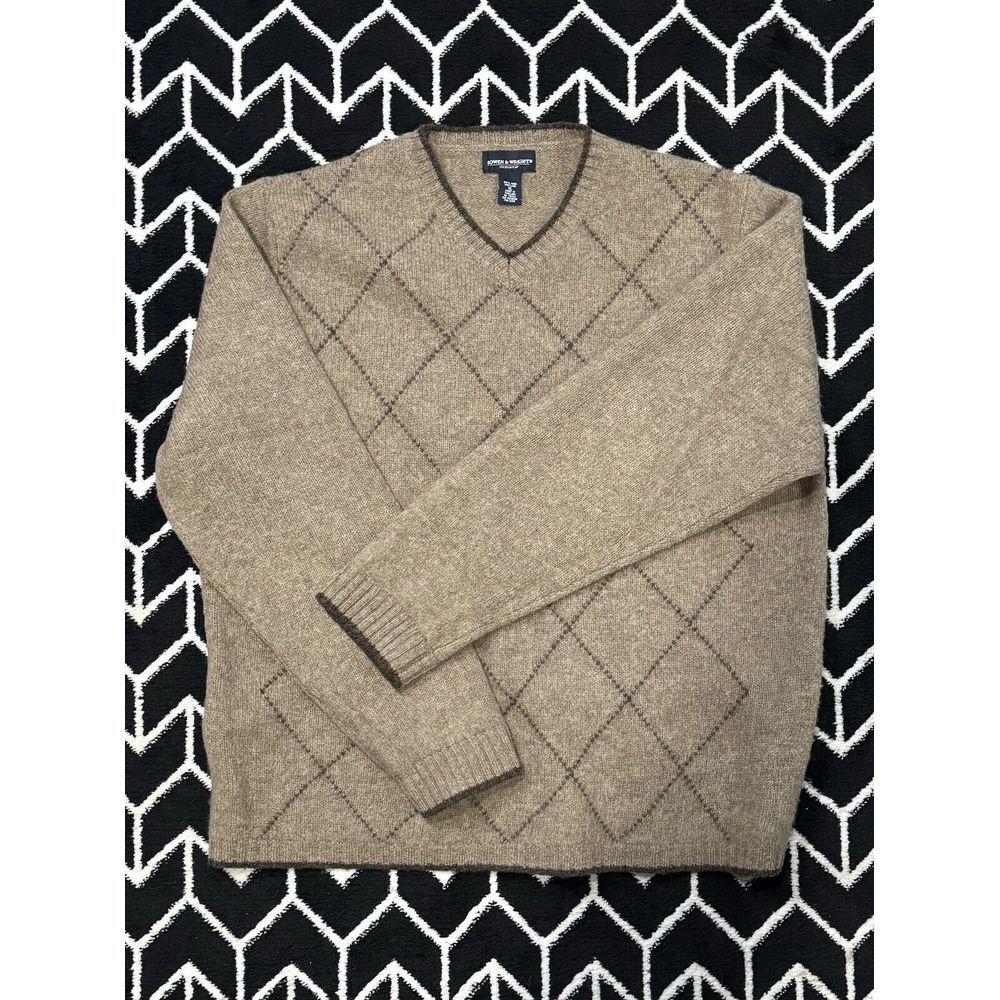 Bowen & Wright Brown Argyle Shetland Wool Sweater Men's XL V-neck Preppy Classic